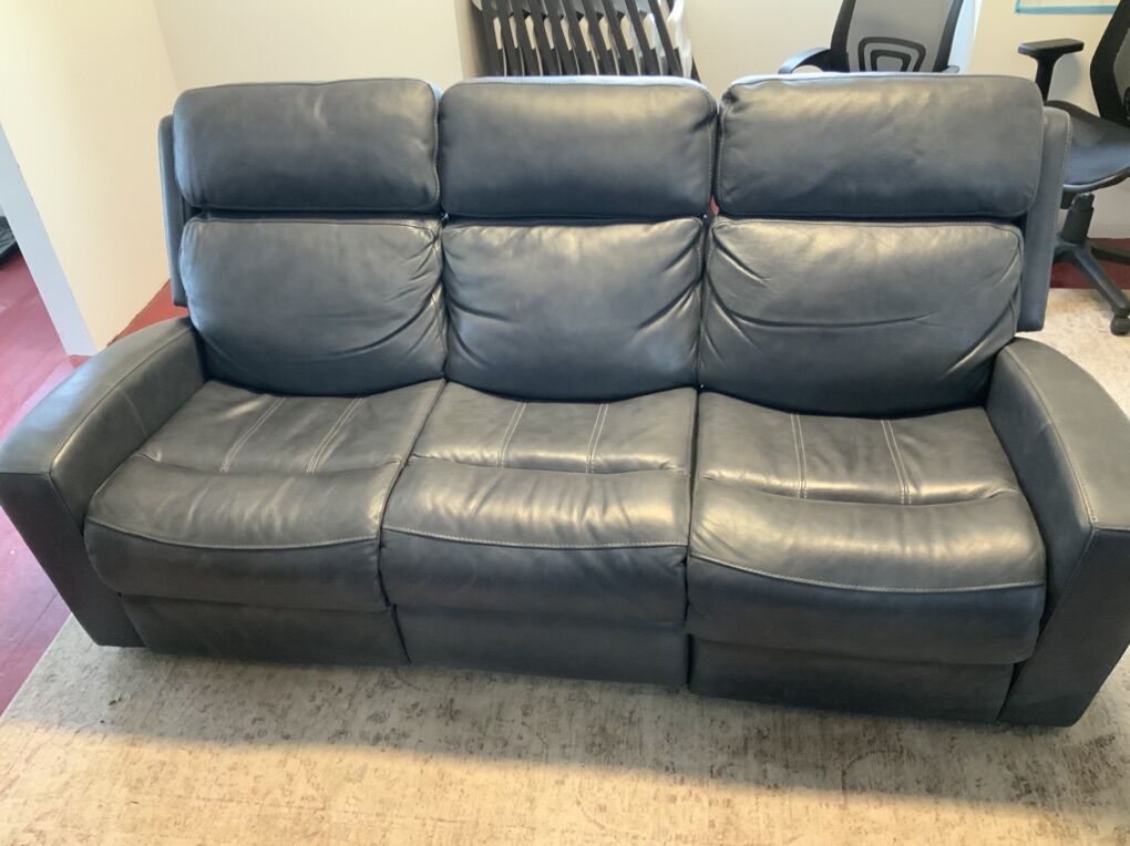 Blue Leather Power Recliner Couch