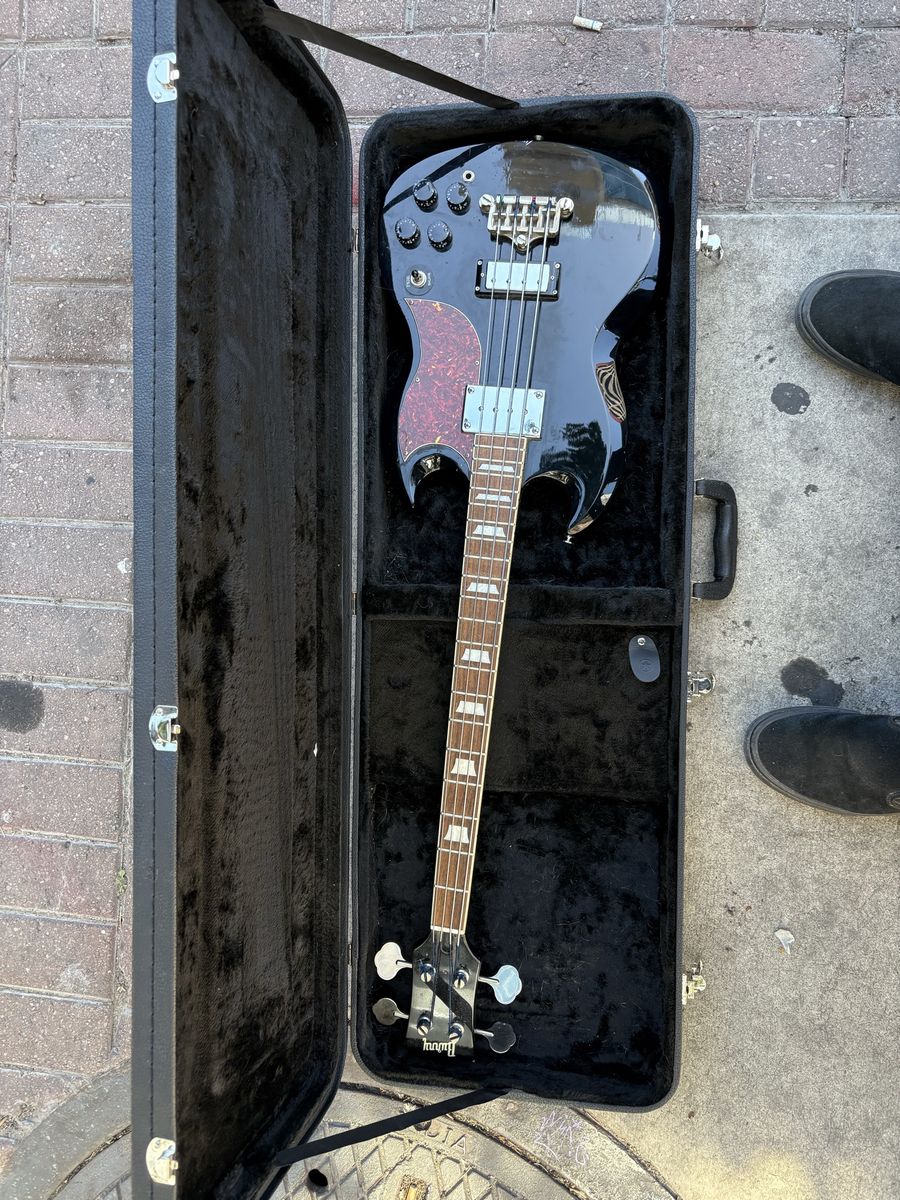 Burny SG-style Bass Guitar - Black, with Hard Case