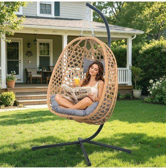 Unbranded Egg Chair Swing with Stand & Cushion - Indoor/Outdoor Wicker Rattan Hanging Chair