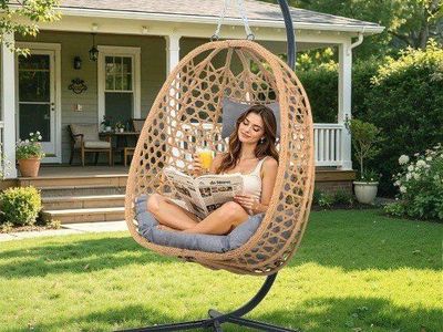 Unbranded Egg Chair Swing with Stand & Cushion - Indoor/Outdoor Wicker Rattan Hanging Chair