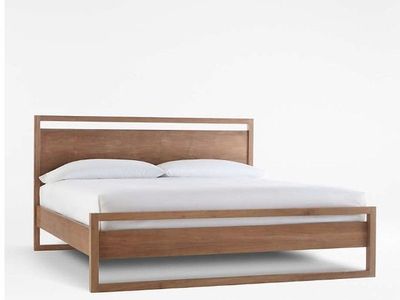 Crate & Barrel Linea Natural Teak Wood King Bed Frame and Mattress