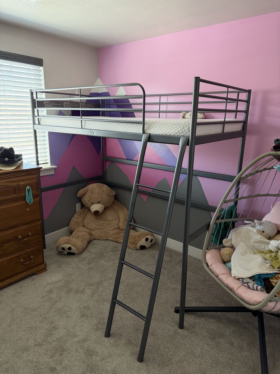 Metal Loft Bed Frame, Twin Size, Gray, Space-Saving Design, Includes Ladder and Safety Rails