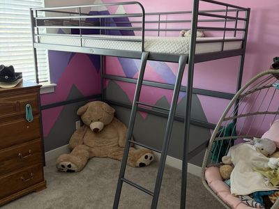Metal Loft Bed Frame, Twin Size, Gray, Space-Saving Design, Includes Ladder and Safety Rails