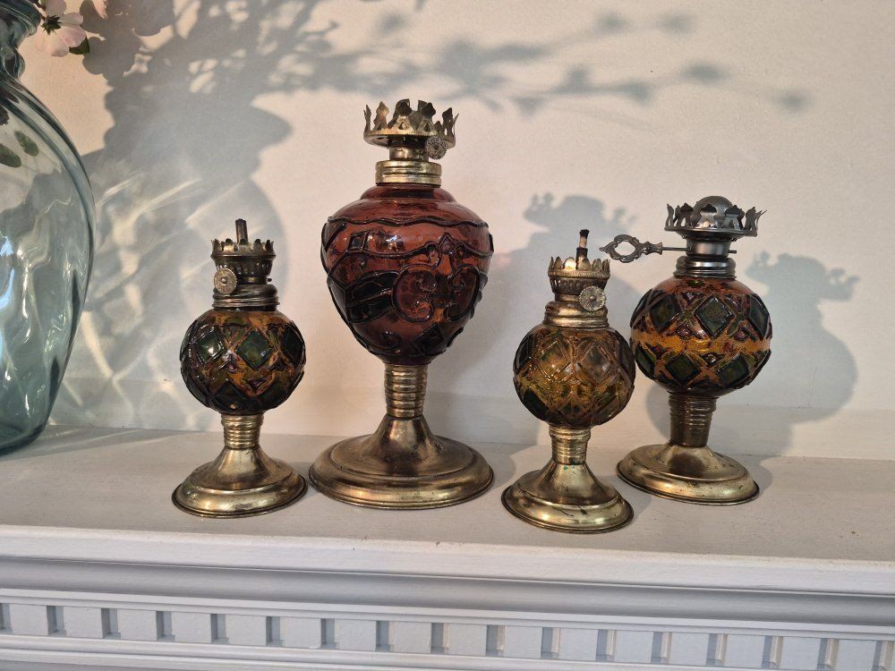 Vintage Stained Glass & Brass Oil Lamps - Set of 4 Decorative Kerosene Lamps