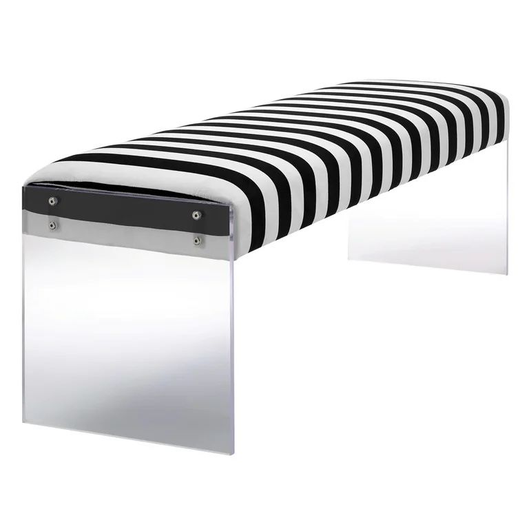 Modern Black & White Striped Upholstered Bench with Clear Acrylic Legs