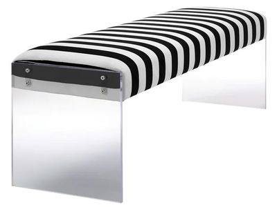 Modern Black & White Striped Upholstered Bench with Clear Acrylic Legs
