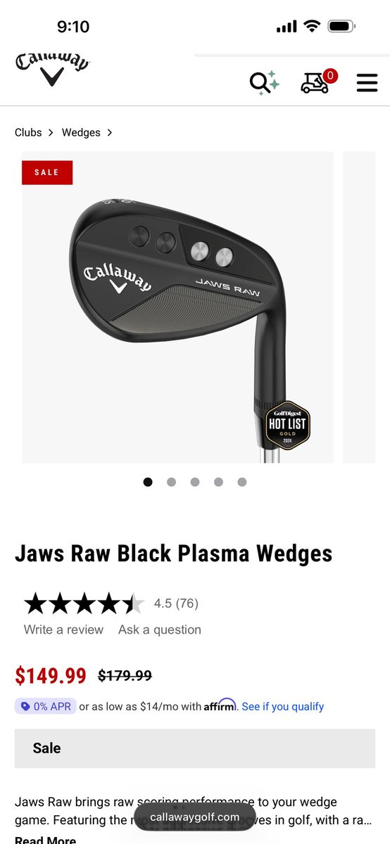 Callaway JAWS RAW Black Plasma Wedge 60 Degree, New with Dynamic Gold Shaft