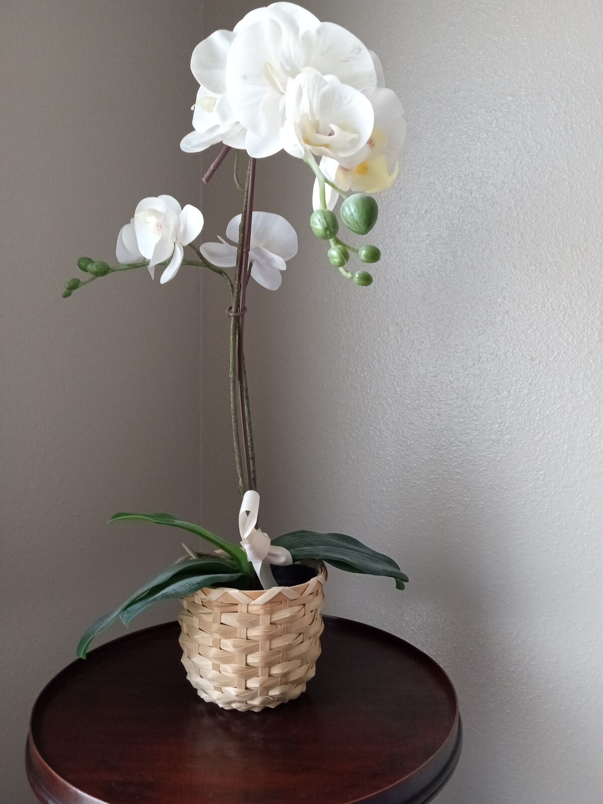 Artificial white orchids in pot in basket around 21 inches