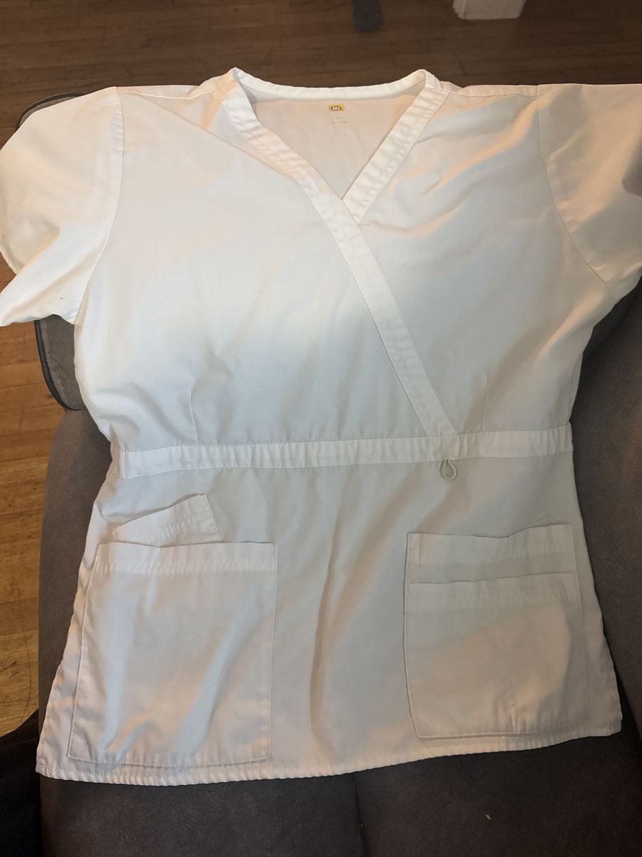 White Mock Wrap Scrub Top - Size Medium