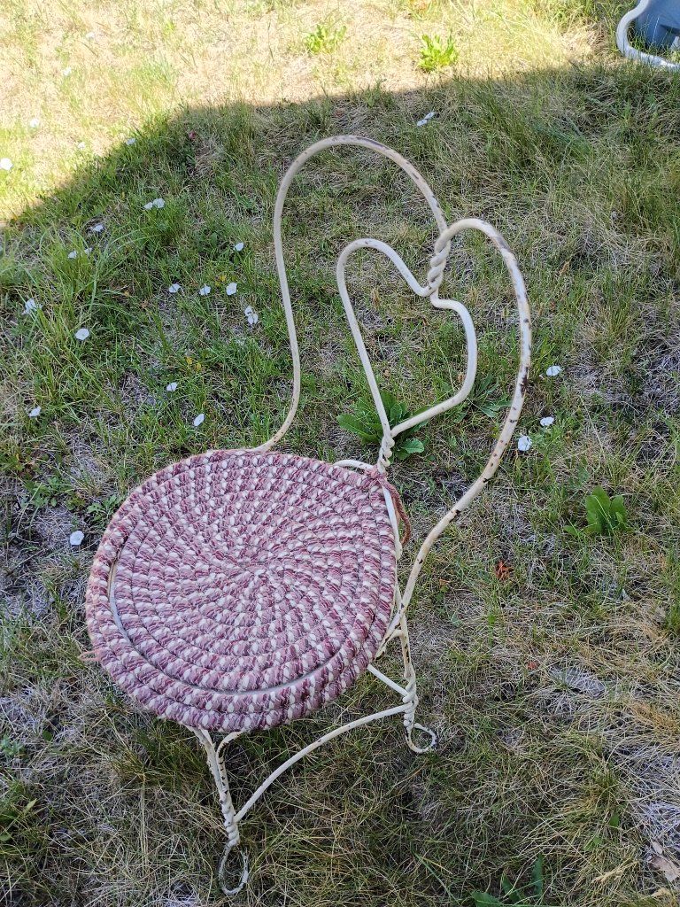 Vintage Wrought Iron Heart Back Chair with Woven Seat - Shabby Chic Garden/Patio Decor