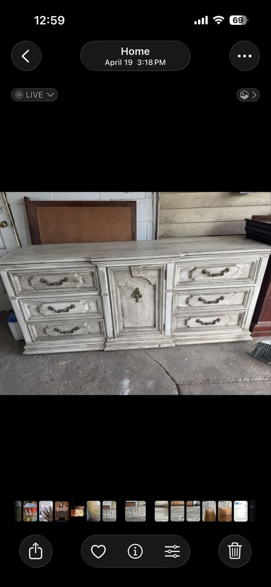 Thomasville Distressed White Dresser with 9 Drawers and Decorative Center Cabinet