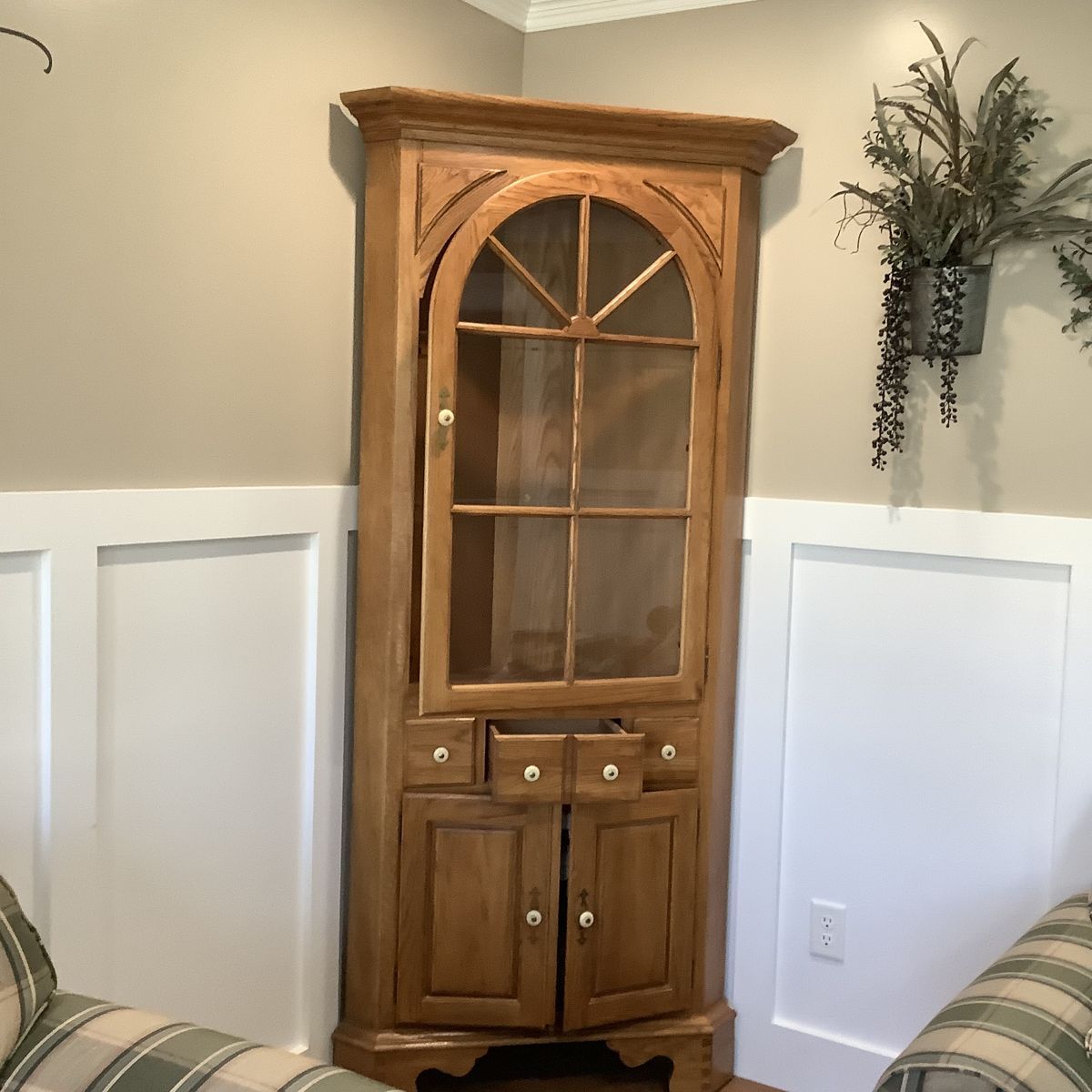 Vintage solid oak Corner China Hutch Cabinet with Glass Door and Storage