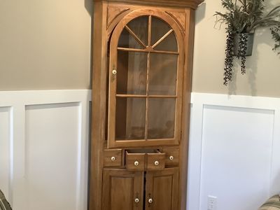 Vintage solid oak Corner China Hutch Cabinet with Glass Door and Storage