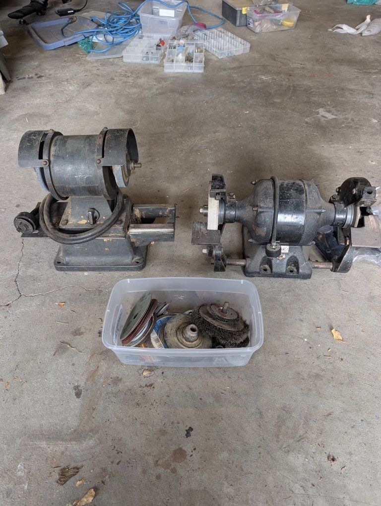 Vintage Heavy Duty Bench Grinders with Extra Wheels and Totes