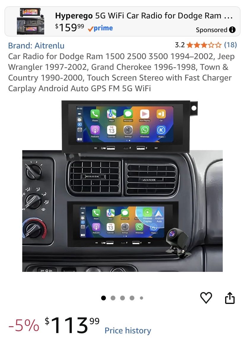 Aitrenlu 5G WiFi Car Radio for Dodge Ram 1500 2500 3500 1994-2002 Jeep Grand Cherokee