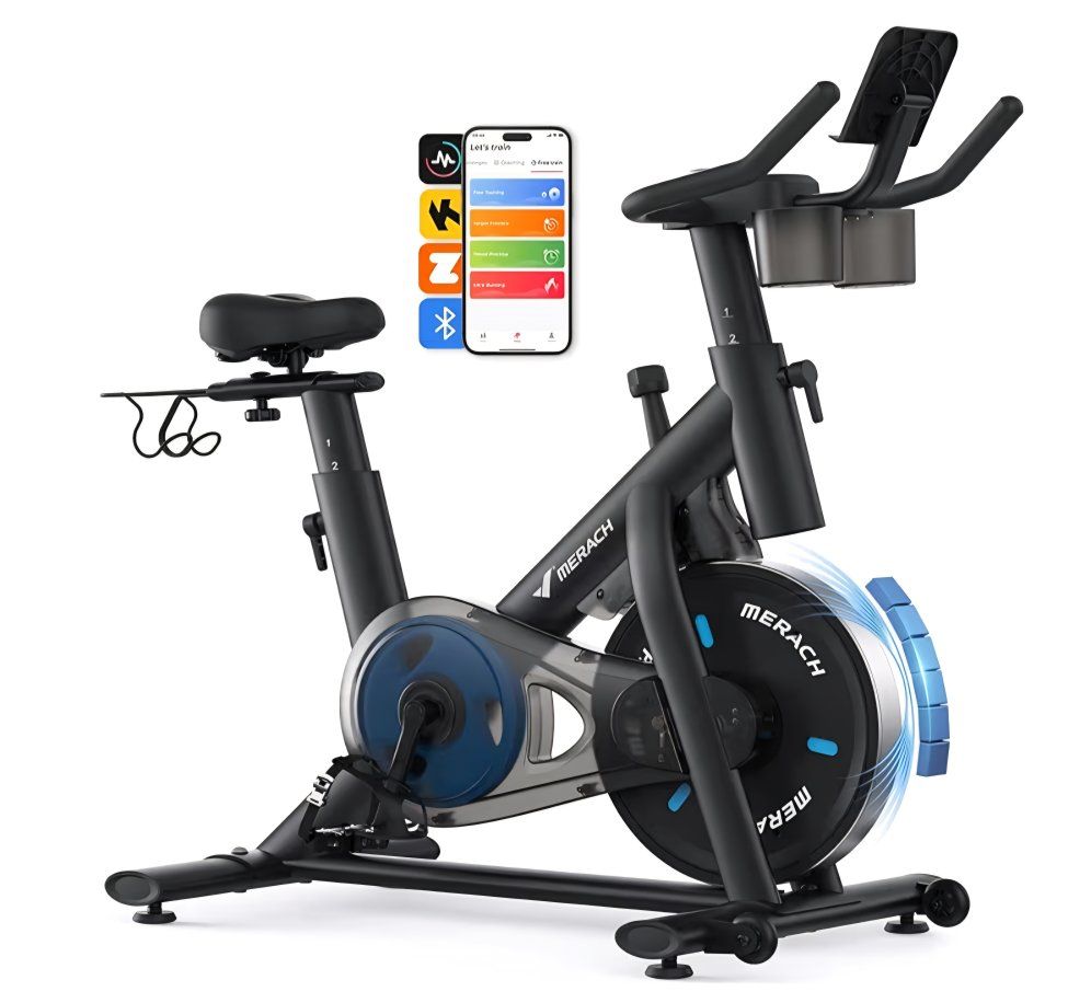 Merach Exercise Bike, Magnetic Friction Stationary Bike with Brake Pad and Exclusive App, Low Noise Indoor Cycling Bike with 300