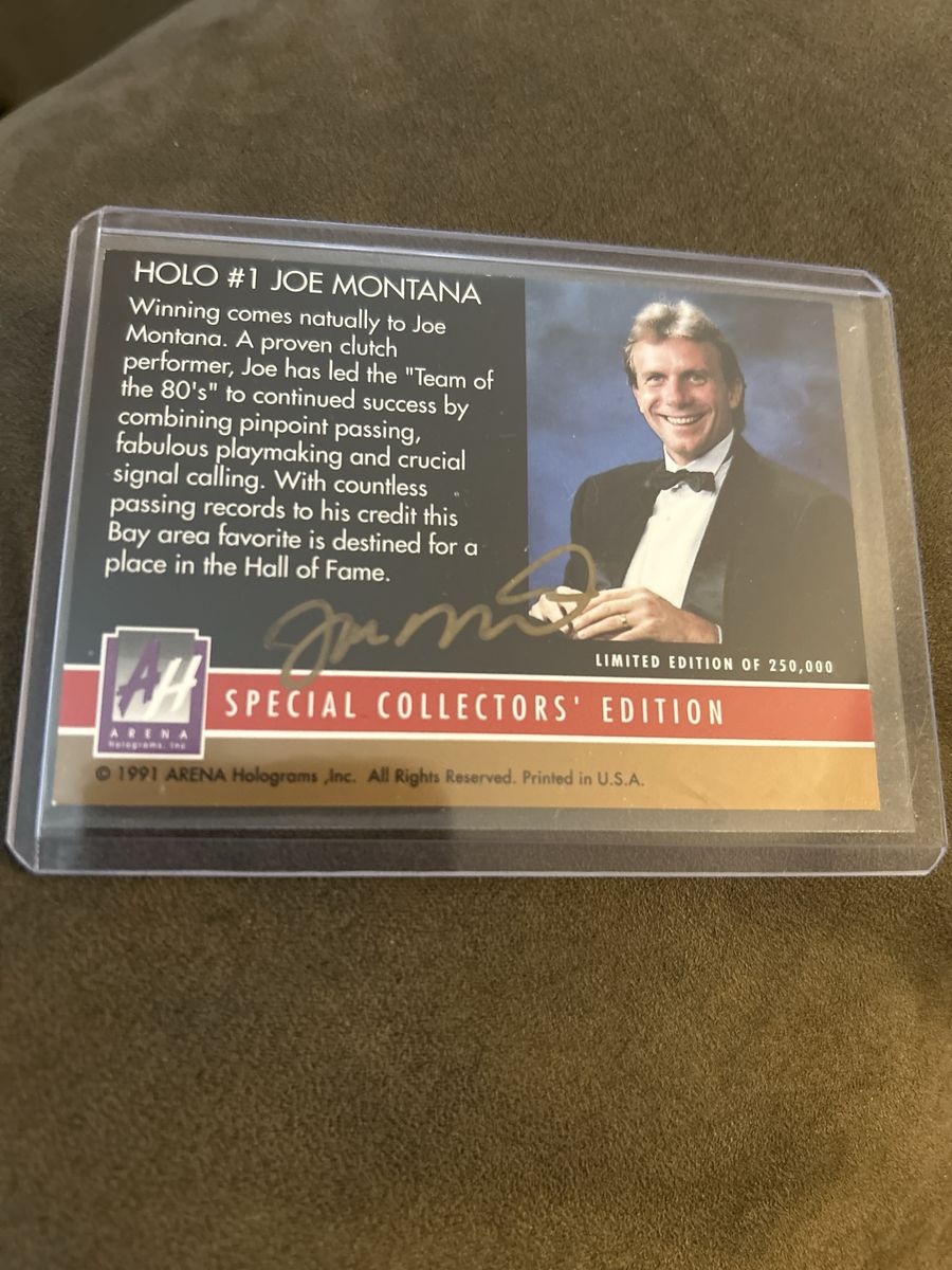 Autograph 1991 Arena Holograms Joe Montana Hologram #1 Special Collectors Edition Football Card Hand Signed San Francisco 49ers 