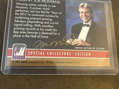 Autograph 1991 Arena Holograms Joe Montana Hologram #1 Special Collectors Edition Football Card Hand Signed San Francisco 49ers