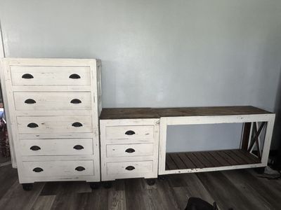Farm style vintage set of dresser, sideboard, and shelf