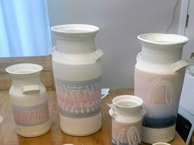 Handcrafted Ceramic Vases & Planters - Pink, White & Gray Striped