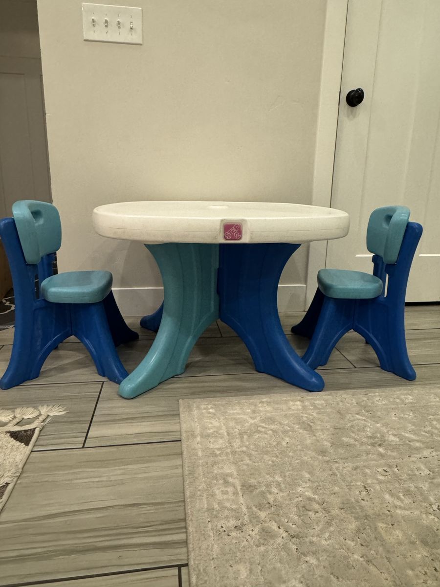 Step2 Plastic Kids Activity Play Table with 2 Chairs, Blue/White