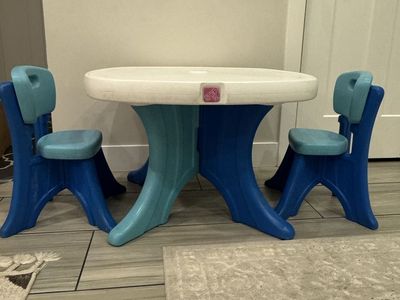 Step2 Plastic Kids Activity Play Table with 2 Chairs, Blue/White
