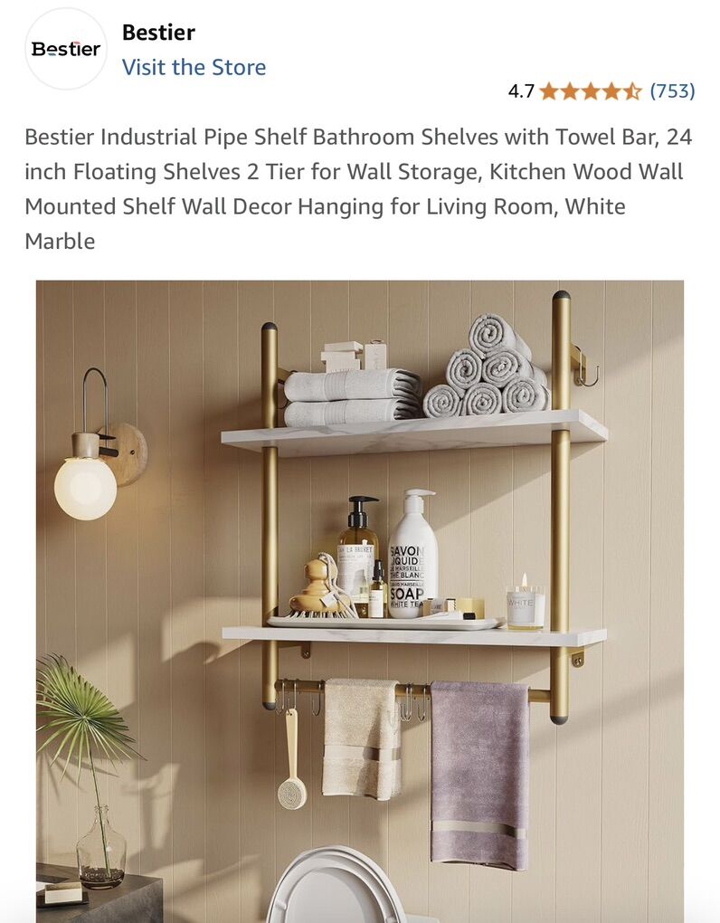 Bestier Industrial Pipe Shelf White Marble Shelves