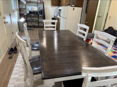 Farmhouse Style Kitchen Dinning room set, table and six chairs.