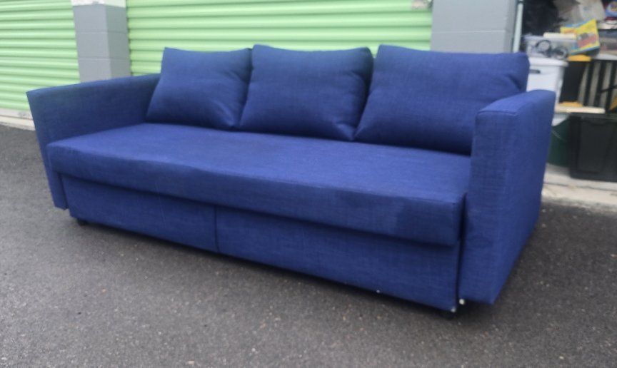 IKEA FRIHETEN Sleeper IKEA FUTON Sofa - Blue Fabric Pull-Out Couch with Storage