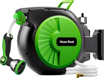 NEW Retractable Garden Hose Reel 66FT x 1/2 in, Wall Mount Water Hose Reel for Outside with Auto Rewind, Tangle-Free Guide, etc.