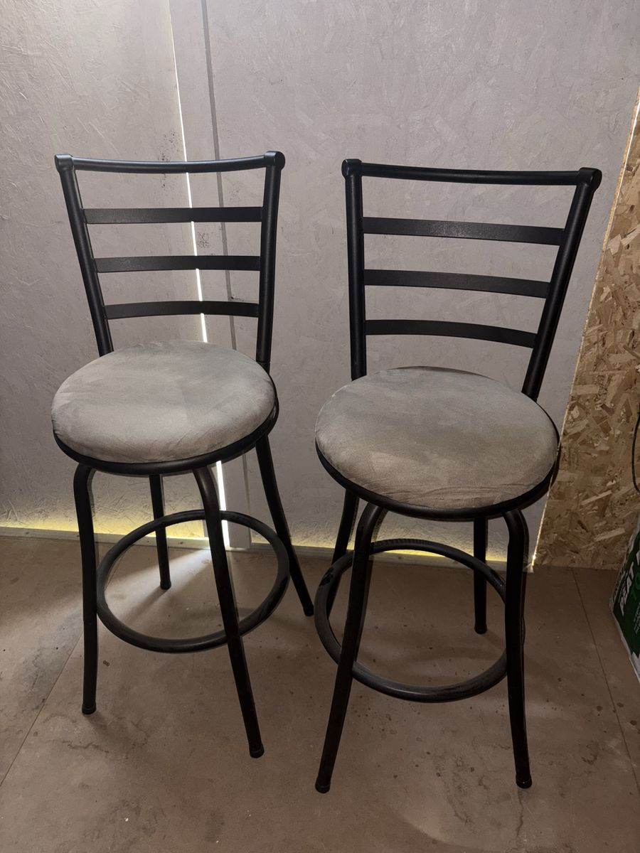2 Counter Height Bar Stools – Black Metal & Gray/Beige Cushions