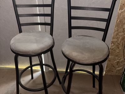 2 Counter Height Bar Stools – Black Metal & Gray/Beige Cushions