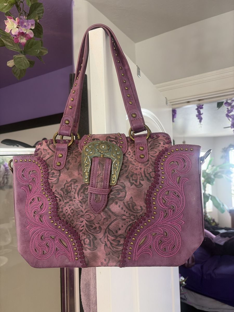 Montana West Purple Western Satchel Handbag with Buckle Detail & Embossed Design