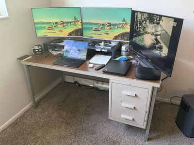 Vintage Metal Office Desk with Woodgrain Top and Built-in Drawers