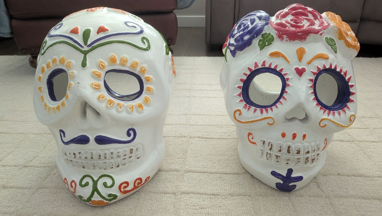 Pair of Large Colorful Day of the Dead Sugar Skull Decorations - 15" Tall