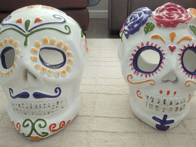 Pair of Large Colorful Day of the Dead Sugar Skull Decorations - 15" Tall