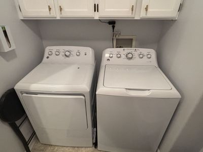 GE White Washer & Dryer Set - Top Load Washer, Electric Dryer, Multiple Cycles