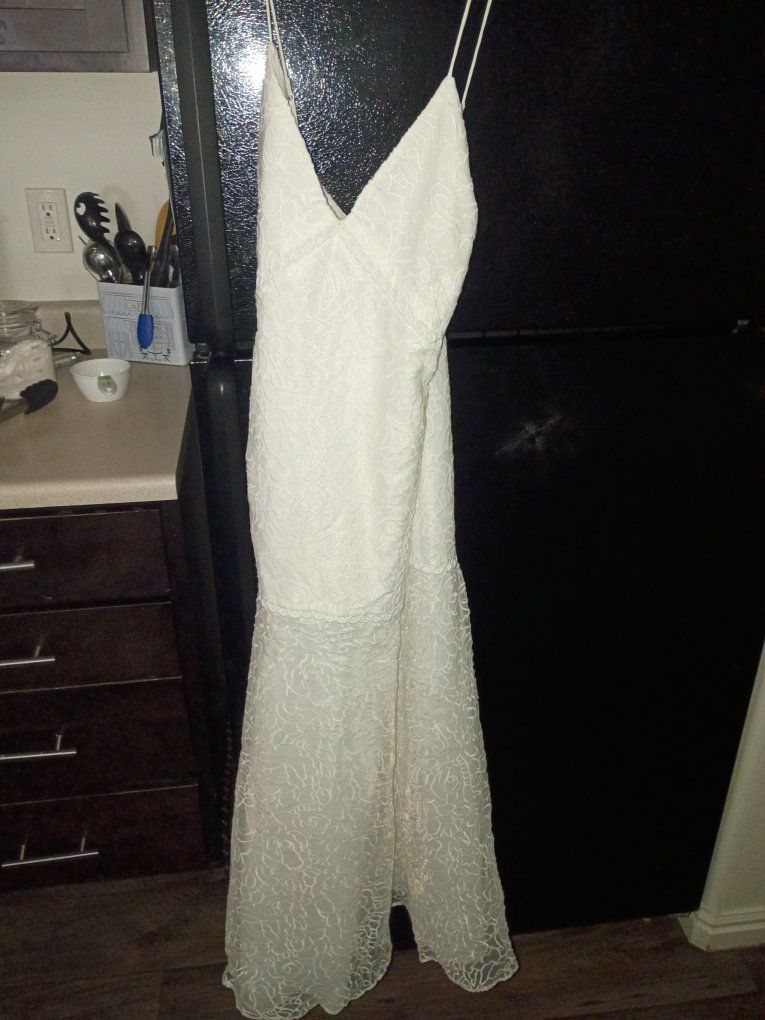 White Lace Spaghetti Strap Wedding Dress Formal Gown