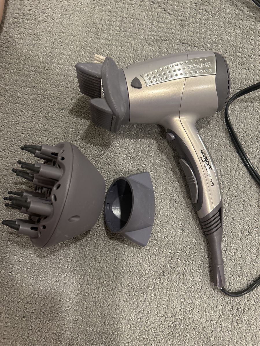 Conair Hair Dryer with Straightener, Diffuser & Concentrator Attachments - Gray/Silver, Gently Used