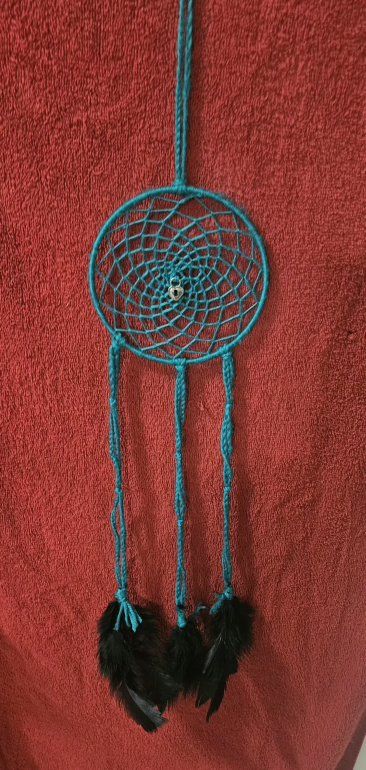 Handmade Blue Dream Catcher with Black Feathers & Silver Bead - Folk Art Decor