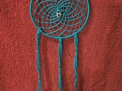 Handmade Blue Dream Catcher with Black Feathers & Silver Bead - Folk Art Decor