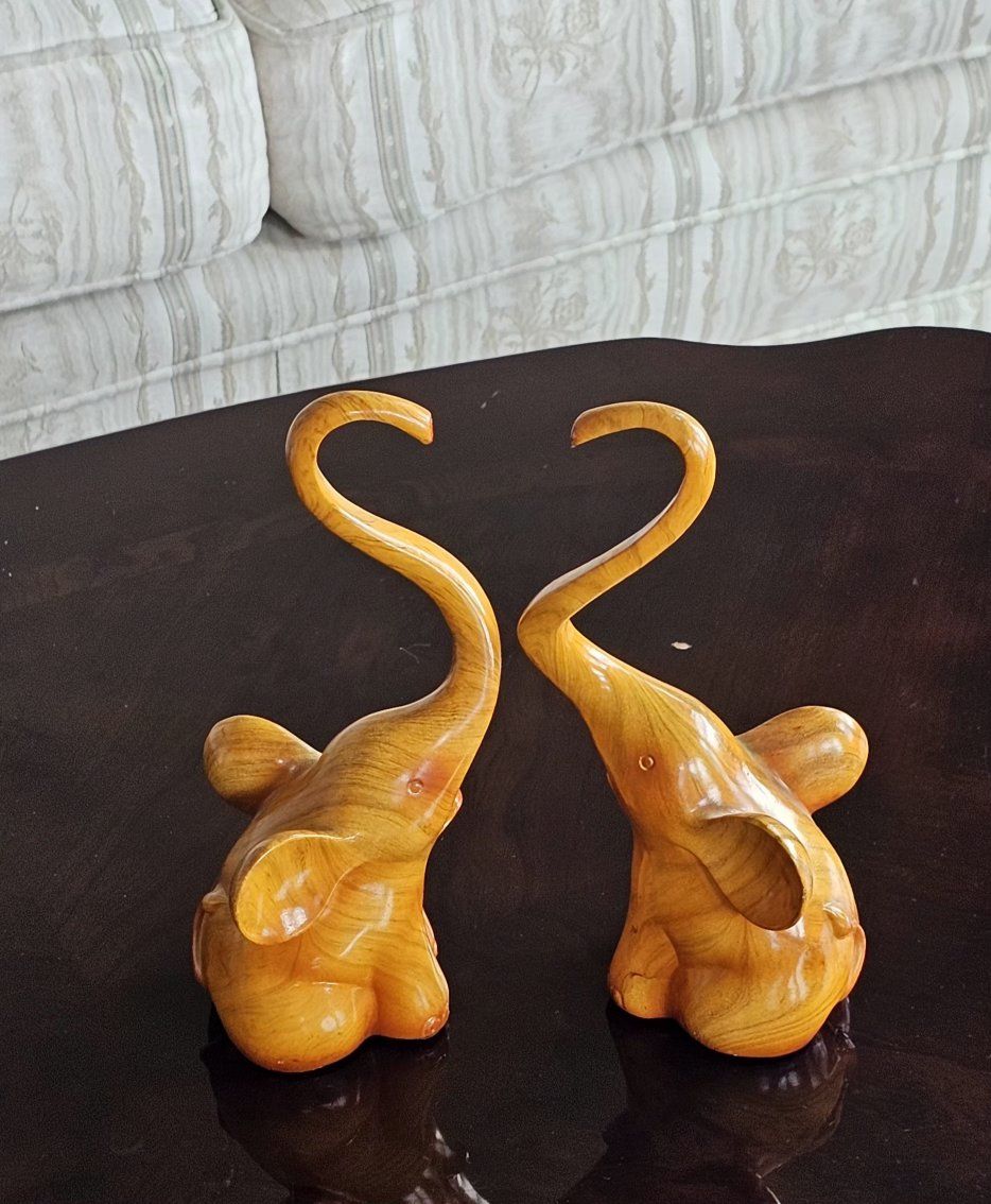 Wooden Like Elephant Figurines (Set of 2) - Trunk Up Good Luck Decor 9"Tx4.5"W
