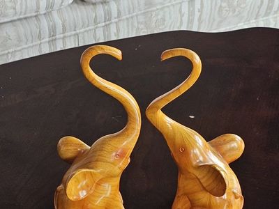 Wooden Like Elephant Figurines (Set of 2) - Trunk Up Good Luck Decor 9"Tx4.5"W