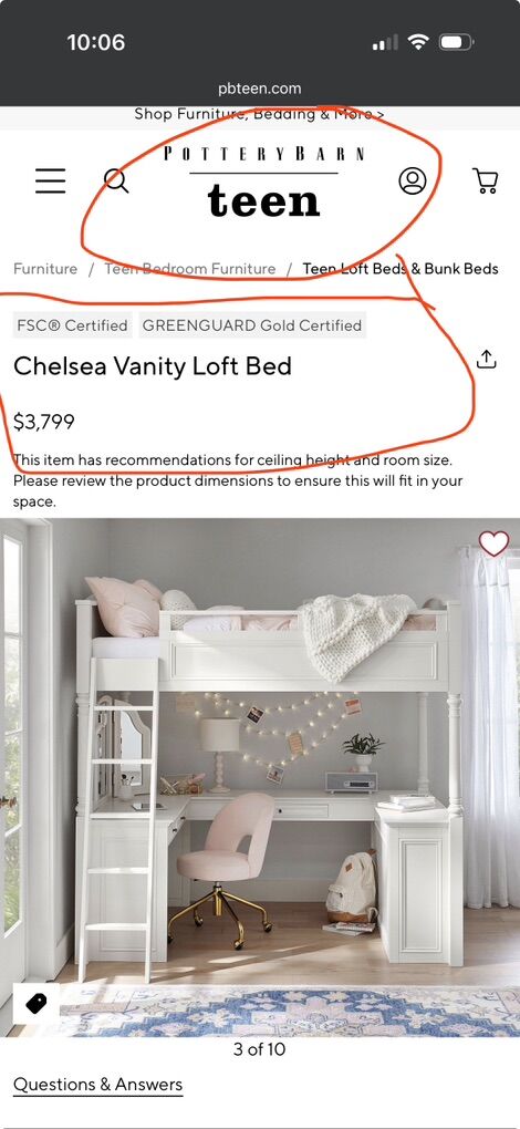(Used) Pottery Barn Chelsea  Loft Bed