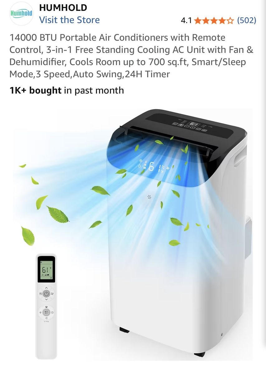 HUMHOLD 14,000 BTU 3-in-1 Portable Air Conditioner with Remote Control