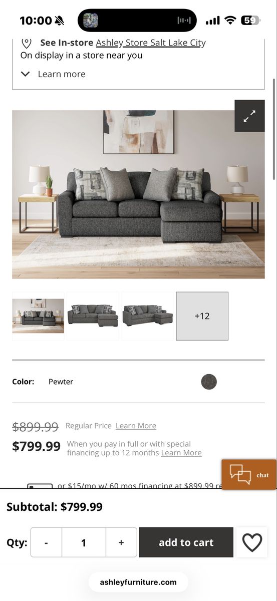 Ashley Furniture Pewter Gray Sectional Sofa with Reversible Chaise - Excellent Condition