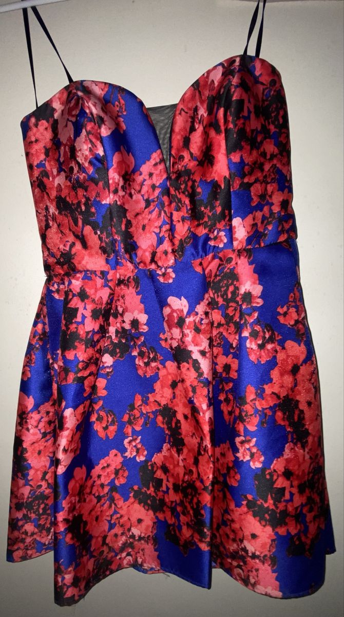 B. Darlin Floral Satin Mini Dress with Mesh V-Insert
