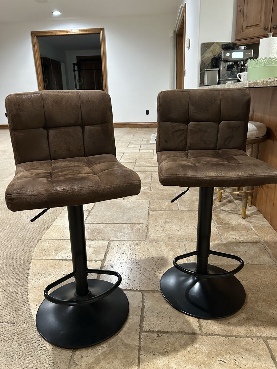 Set of 2 Adjustable Swivel Bar Stools – Brown Faux Suede