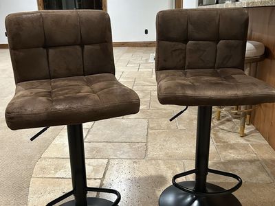 Set of 2 Adjustable Swivel Bar Stools – Brown Faux Suede