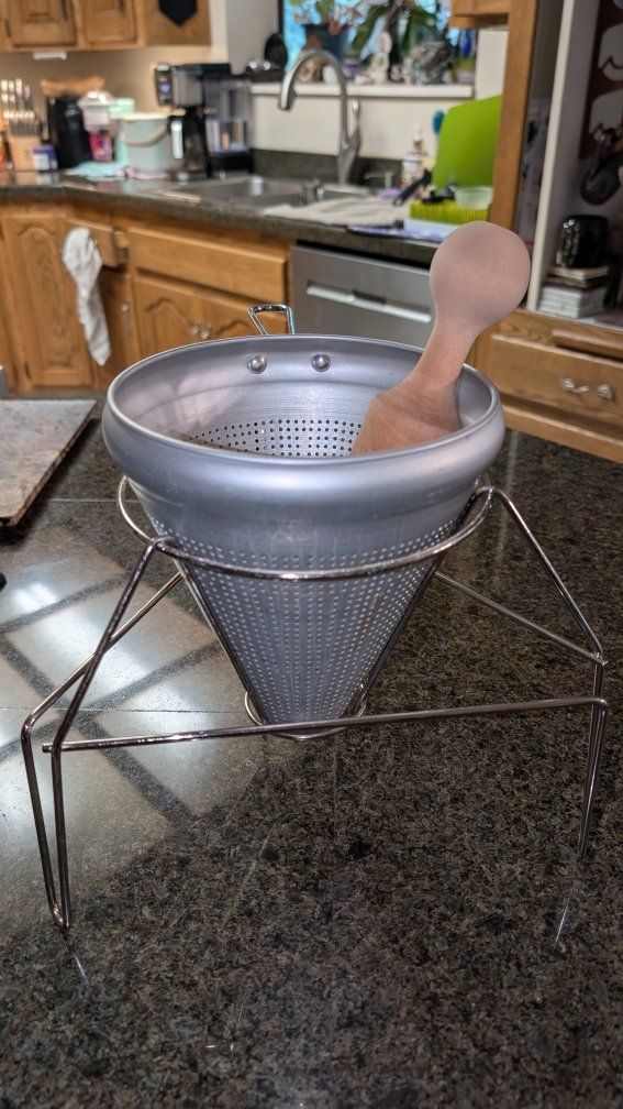 Vintage Aluminum Cone Strainer with Stand & Wooden Pestle
